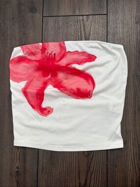 Strapless White tube top Bandeau with Red Floral Print